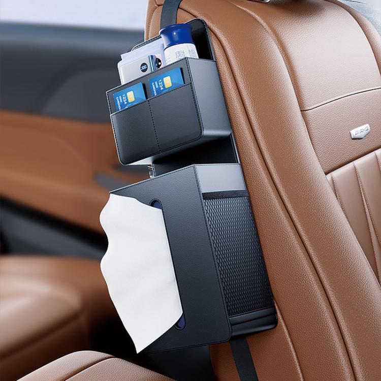 Car seat tissue box bag mounted on seat, tissue pulled from front opening