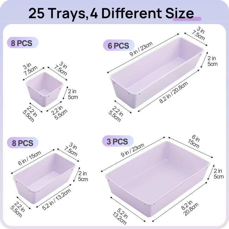 Light purple drawer organizer tray set, 25-pc combo with 4 sizes shown in diagram