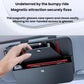 Car visor glasses organizer opened to reveal cards and glasses in dark case