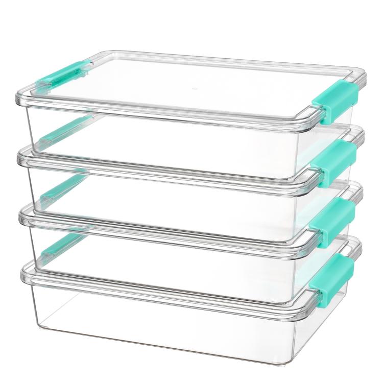 Stackable clear plastic storage boxes with teal latch lids