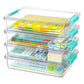 Stack of clear storage boxes with teal latch lids holding stationery