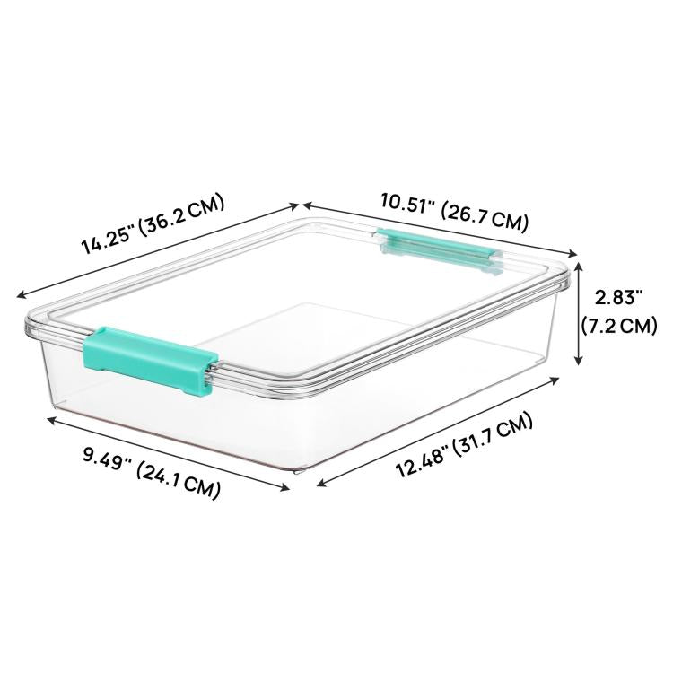 Clear rectangular storage box with teal latch lid, stackable design