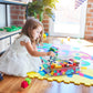 Clear plastic storage box with teal latch for building blocks during play
