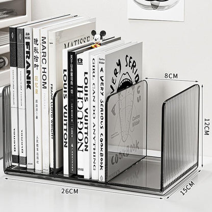Acrylic desktop book organizer with black ribbed panels and clear base, vertical storage.