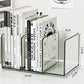 Front view acrylic desktop book organizer with black ribbed panels and clear compartment tray.