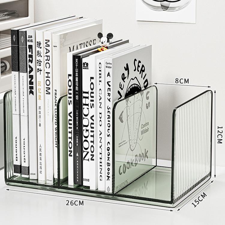 Front view acrylic desktop book organizer with black ribbed panels and clear compartment tray.