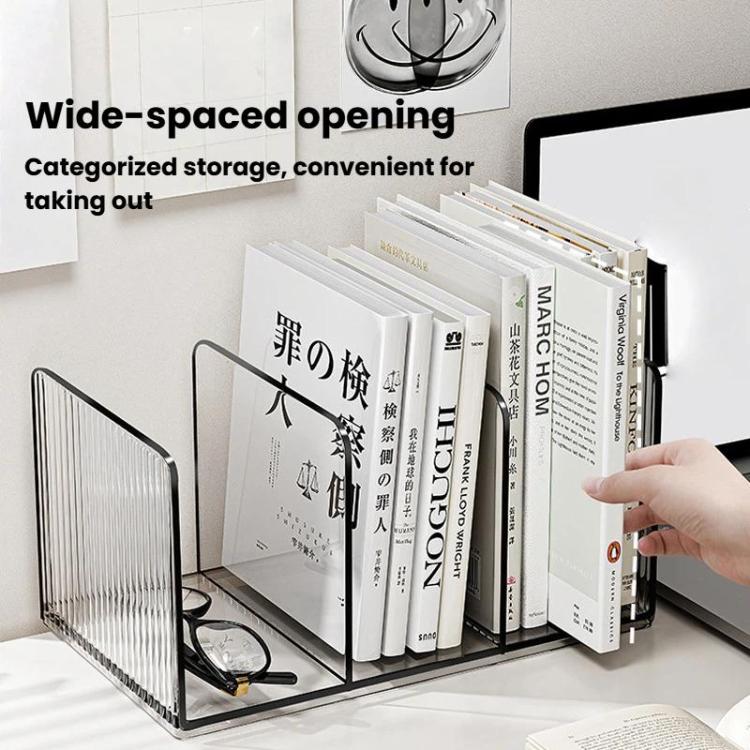 Acrylic desktop book organizer with wide opening and black ribbed panels, hand pulling books.