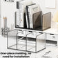 White acrylic desktop book organizer with ribbed panels and clear compartments for documents.
