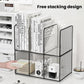 Acrylic desktop book organizer with free-stacking clear shelves and black ribbed panel sides.
