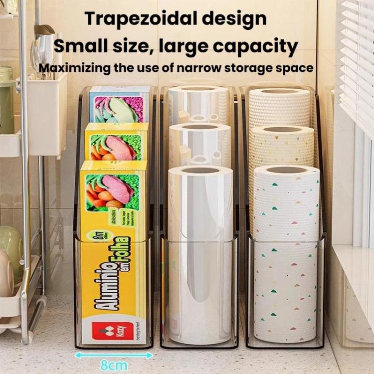 Clear kitchen wrap storage rack holding plastic wrap rolls in a countertop organizer