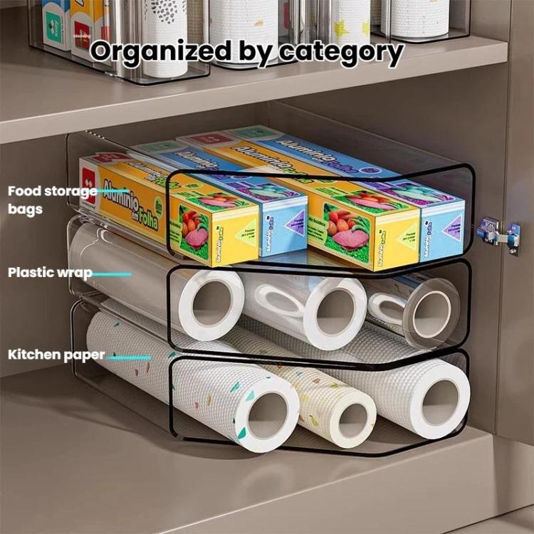 Kitchen plastic wrap organizer rack with compartments for wrap and paper rolls