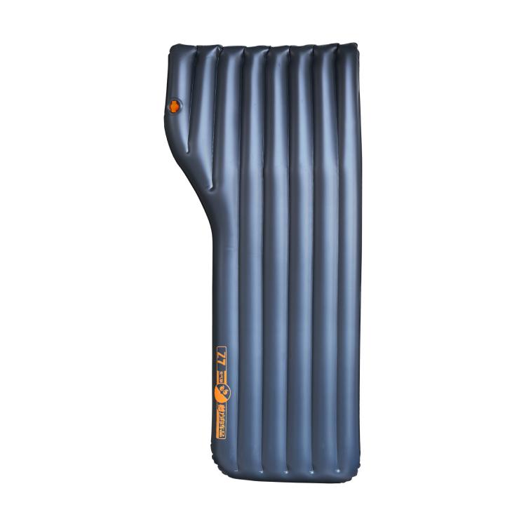 Blue inflatable car trunk ramp raising mat with side handles and orange valve patch