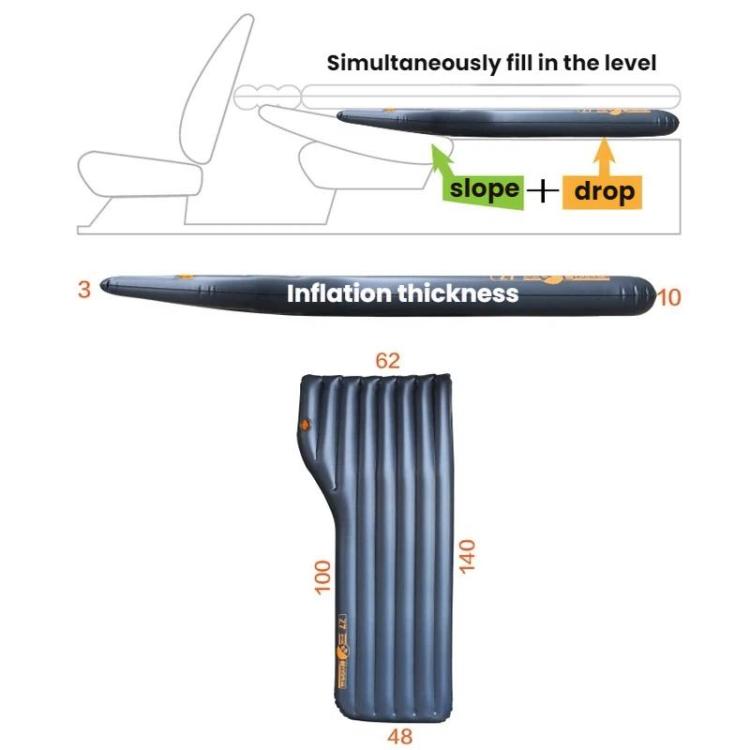Inflatable trunk ramp raising mat diagram showing slope, drop, and thickness measurements