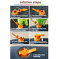 Inflatable ramp mat valve and orange inflation nozzle shown with step-by-step setup graphic