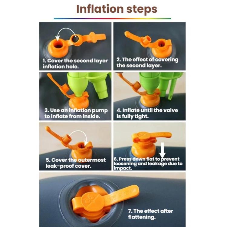Inflatable ramp mat valve and orange inflation nozzle shown with step-by-step setup graphic