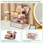 Stackable clear makeup storage box with top rack and three drawer layers for cosmetics