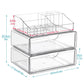 Clear acrylic makeup organizer with open top compartment and two stacked drawer sections