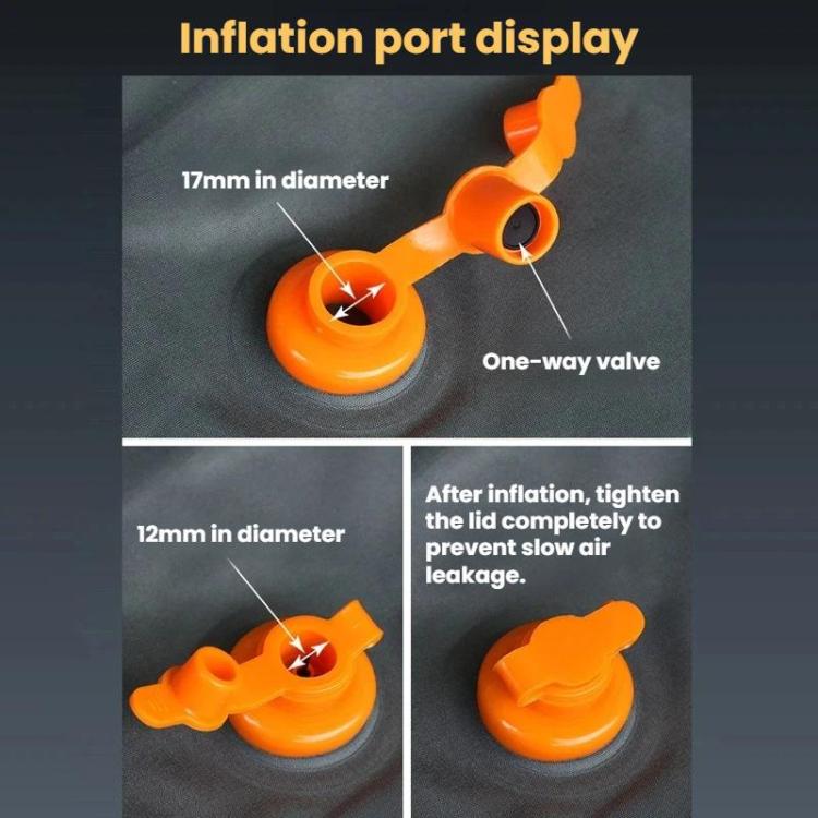 Orange one-way inflation port valve on inflatable mattress, port display shown