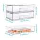 Transparent two-drawer desktop storage box with curved drawer handles and size chart