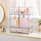 Clear multi-compartment cosmetic organizer with dust-proof front covers for bottles and jars