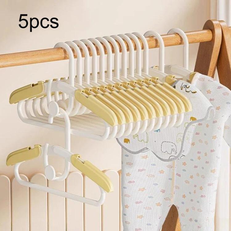 Kids retractable anti-slip hangers, white frames with pale yellow anti-slip arms, 5-pack.