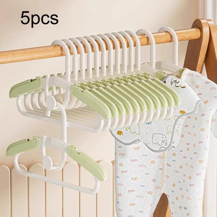Kids retractable anti-slip hangers, white frames with light green anti-slip arms, 5-pack.