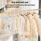 Retractable kids hangers holding small shirts and outfits on a clothing rack, mixed neutrals.
