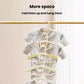 Stackable kids retractable hangers with white frames and light green/yellow arms, 5-pack.