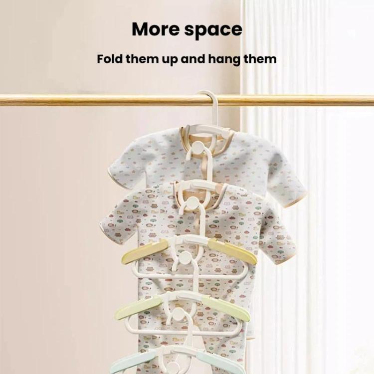 Stackable kids retractable hangers with white frames and light green/yellow arms, 5-pack.