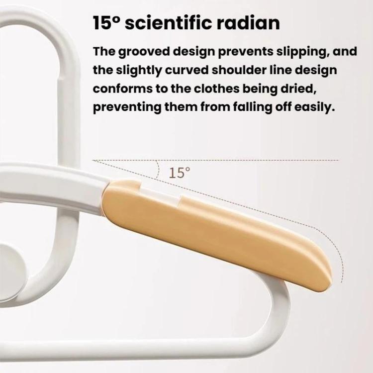 Retractable hanger with grooved grip and curved hook, pale beige arm, white hanger frame.