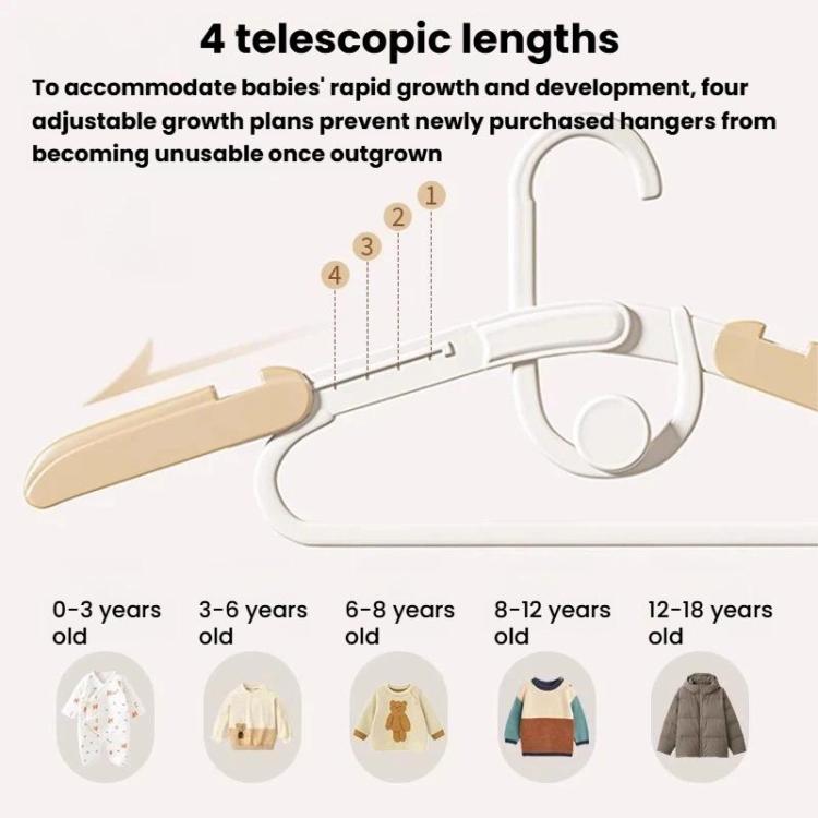 White retractable hanger with telescoping lengths and adjustable arm, pale beige grip.