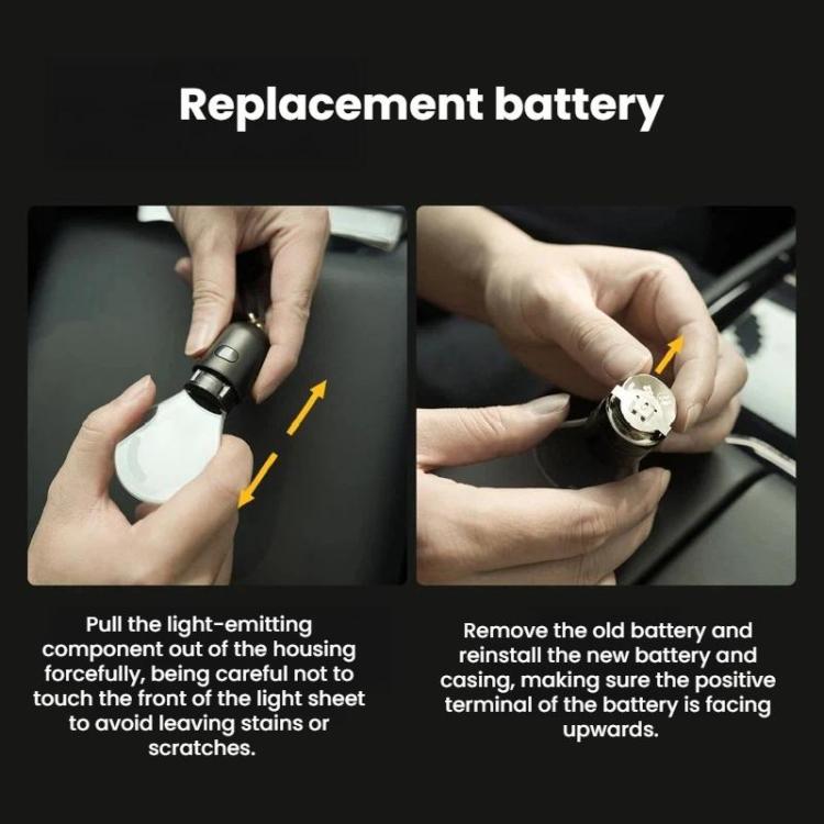 Car LED pendant light bulb showing replacement battery compartment and hands