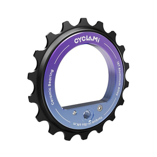 Ceramic rear derailleur pulley, 18T black with purple ring and blue logo CYCLAMI