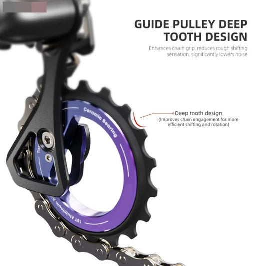 Derailleur guide pulley with deep-tooth ring, black housing and purple ceramic wheel