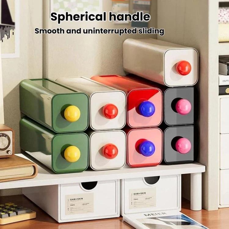 Set of stackable storage drawers with spherical knob handles in mixed colors