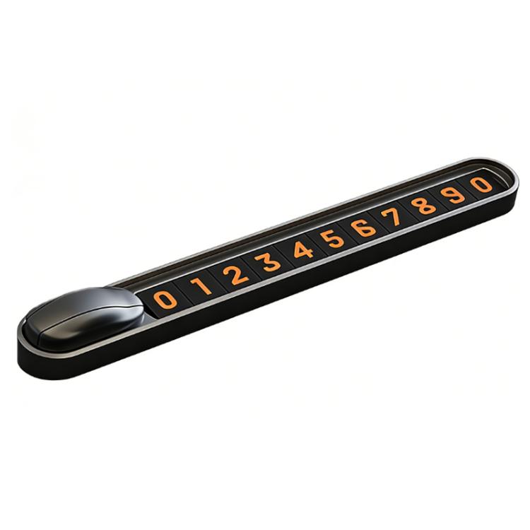 Temporary parking number plate with orange digits on a black sliding housing