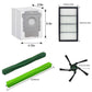 Robot vacuum accessory set showing side brush, roller brushes, and filter dimensions