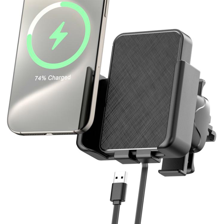 Car phone holder with wireless charging pad and USB plug, black mount cradle