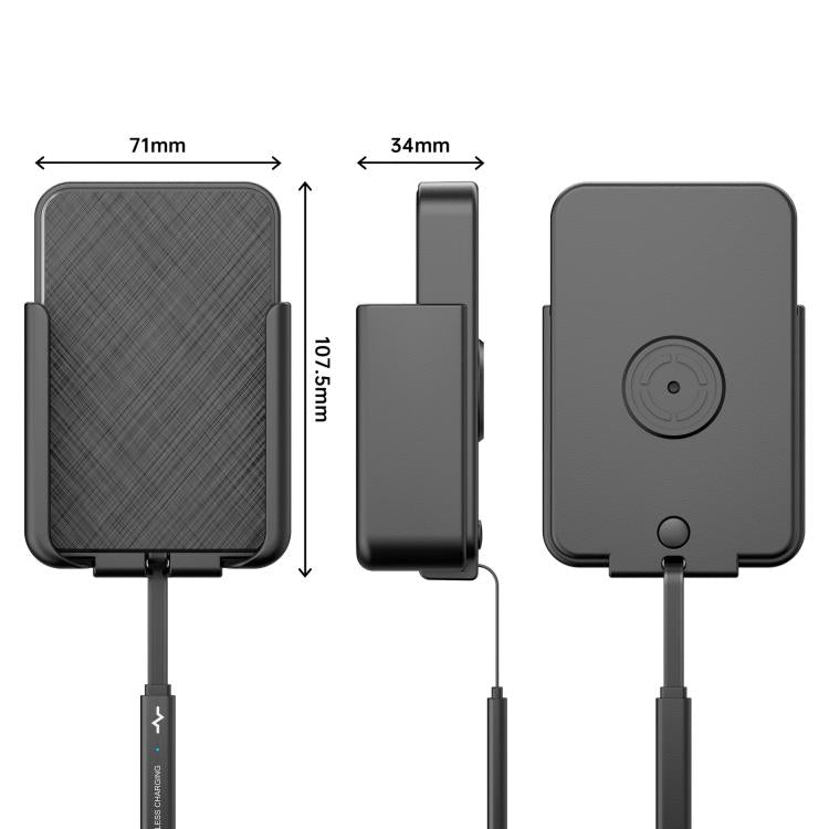 Wireless charging car phone holder with phone cradle, side view and back plate