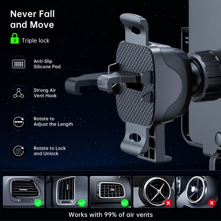Car phone holder with anti-slip silicone pad and air vent hook, black clamp style