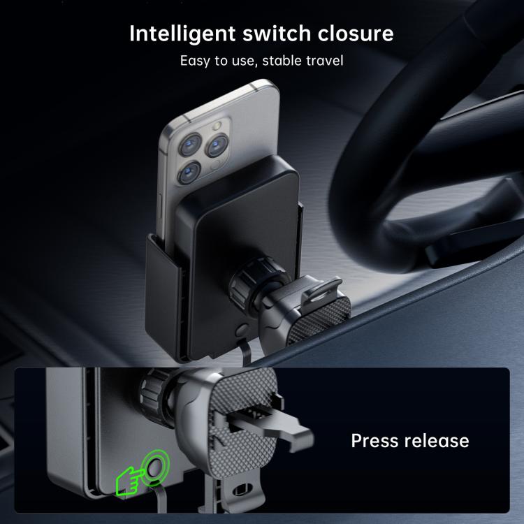 Car phone holder with adjustable clamp and press-release latch, black charging cradle