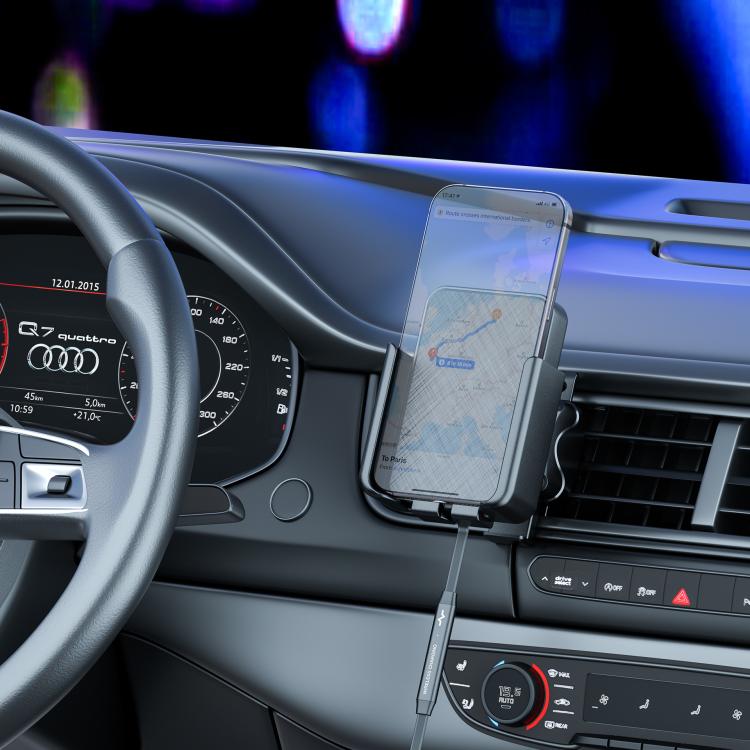Car air vent phone holder with wireless charging cradle and mounted phone