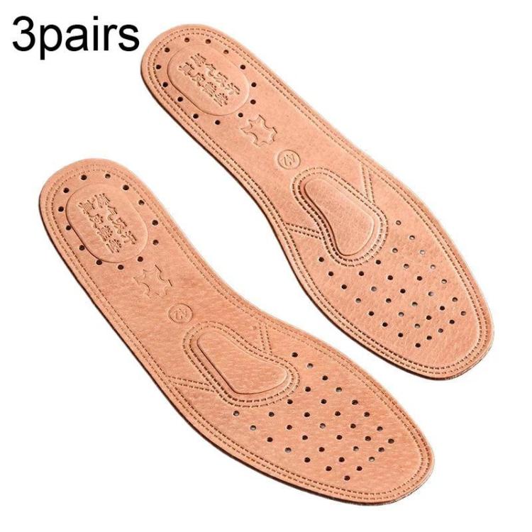 Tan perforated leather insoles with arch support and padded, shock-reducing design