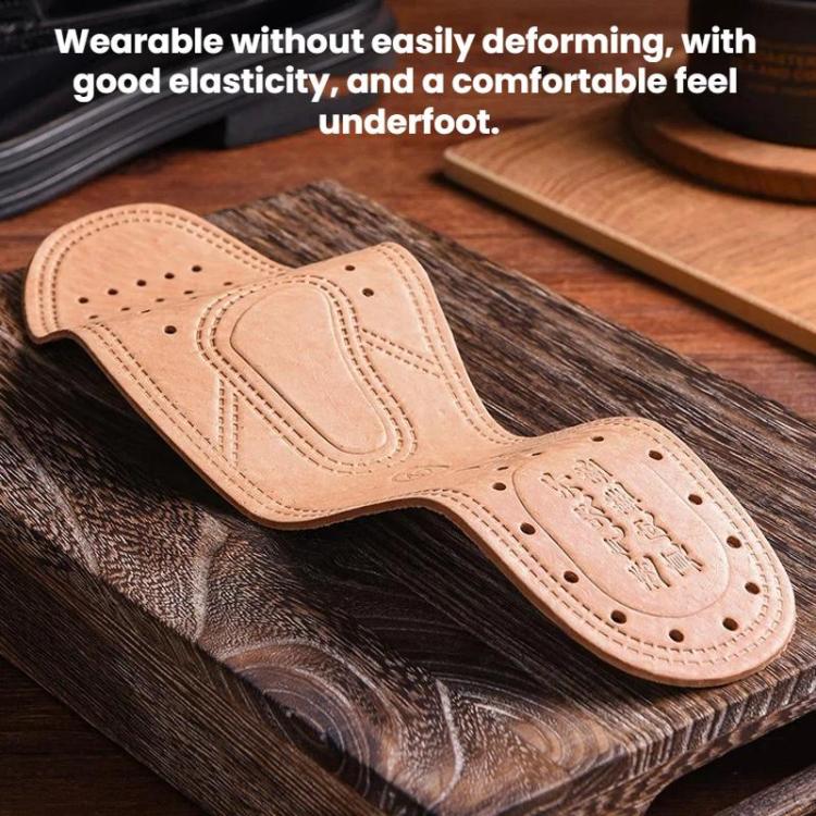Tan leather insole with ventilation holes and cushioned arch support, side view