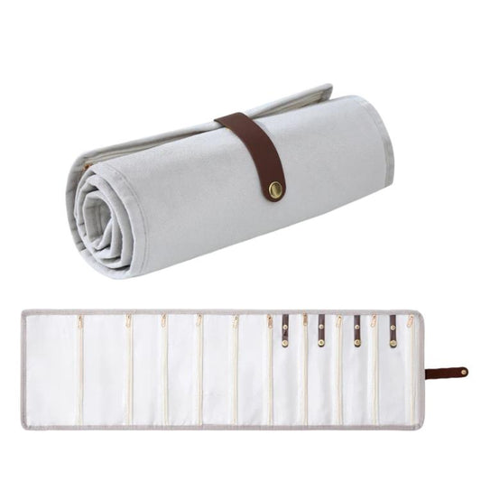Beige gray roll-up velvet jewelry organizer bag with snap strap and lined compartments