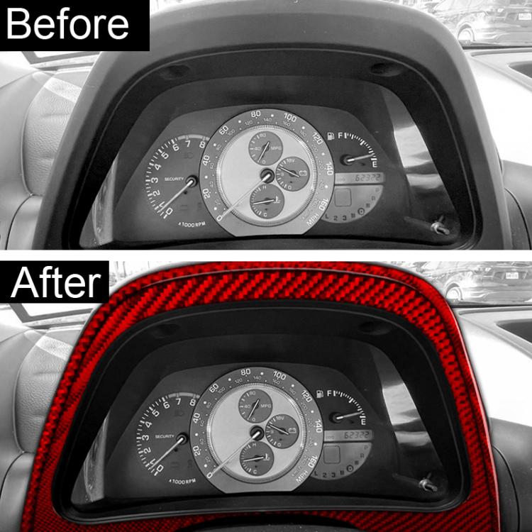 Red carbon-fiber speedometer surround sticker applied around instrument cluster