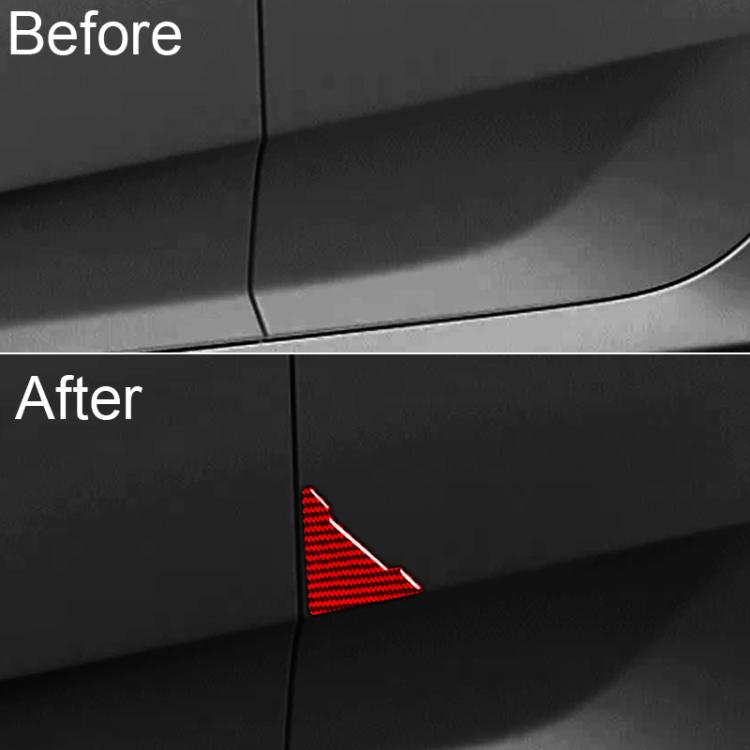 Car door corner protector insert, red carbon-fiber look triangle on door edge