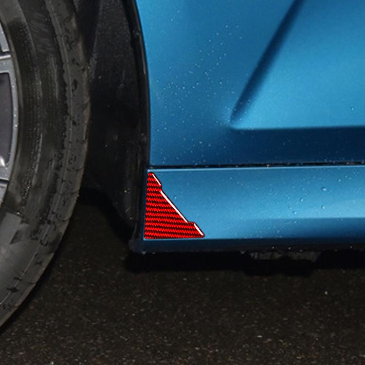 Car door corner protector insert, red carbon-fiber look triangle on blue door edge