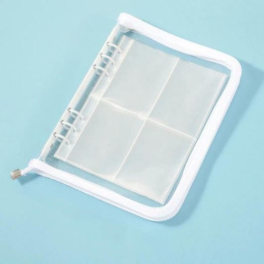 White clear PVC zipper pouch with four-pocket inner pages and binder rings