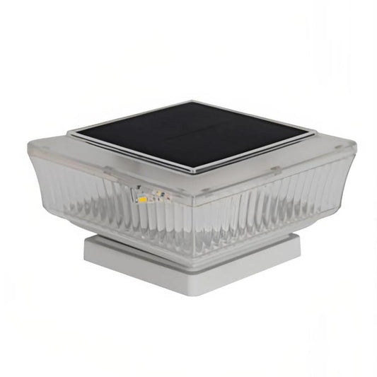 Solar LED pillar light with clear ribbed diffuser and black solar panel on top